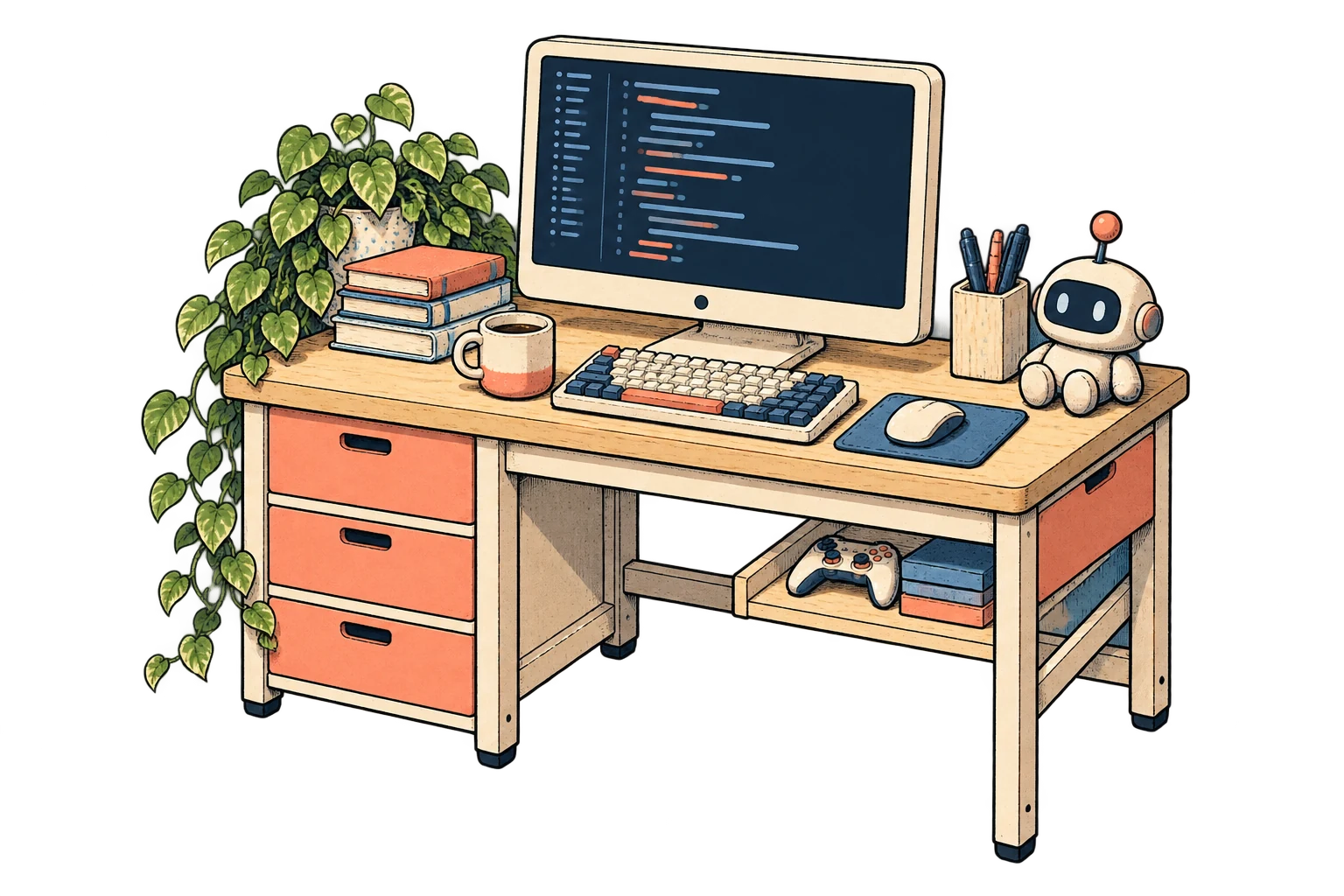 An illustrated developer desk with a code-filled monitor, books, a trailing plant, and a tiny friendly robot