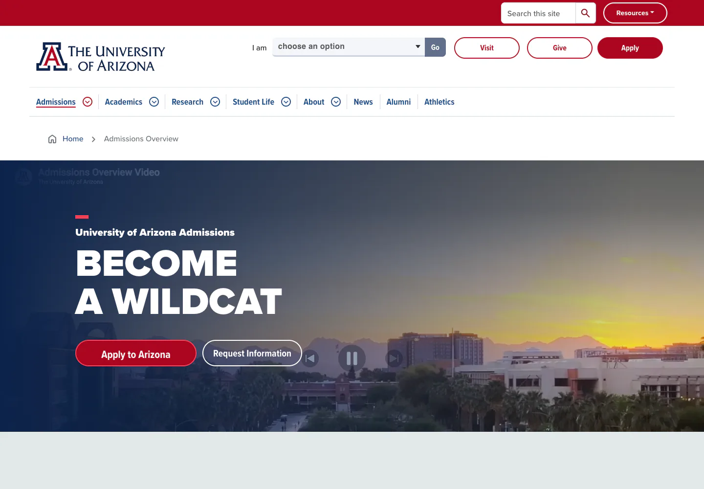 Arizona Admissions overview page at desktop and mobile widths
