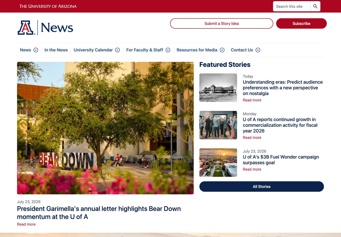 University of Arizona News homepage with featured and recent stories